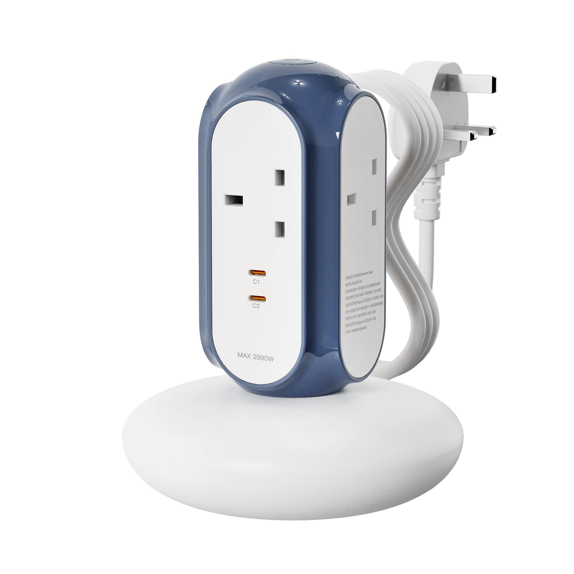 MiaoLab Tower Extension Lead with USB Slots (2 USB-C 30W PD/PPS), 3 Gang 2990W 13A Plug Extension Socket, 1420J Surge Protected, Switched, 2m Extension Cable, Flame Retardant V0 Housing