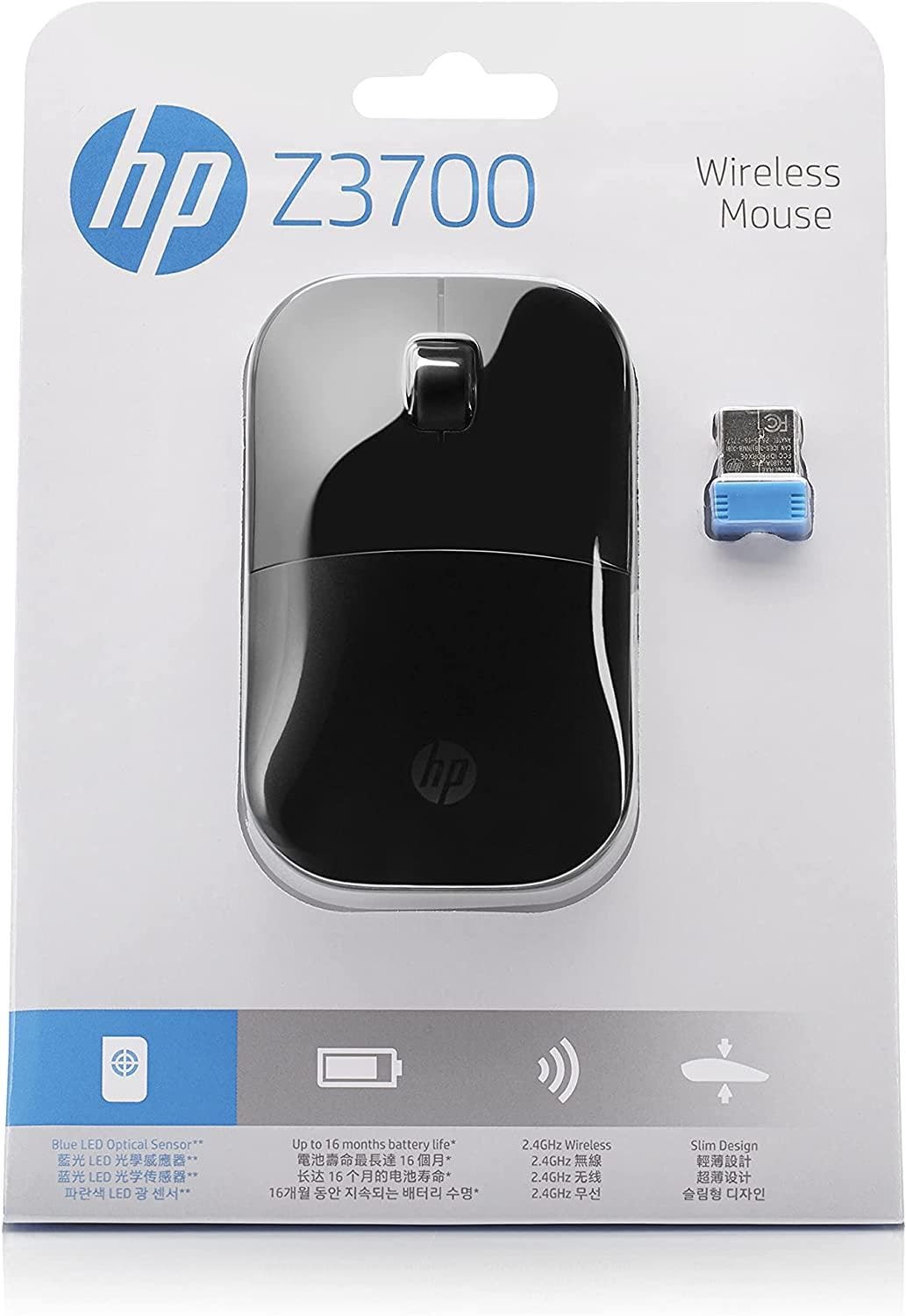 HP Z3700 Mouse Wireless 1200 DPI LED Blue 3 Pulsanti Ricevitore USB 2.4 GHz Nero