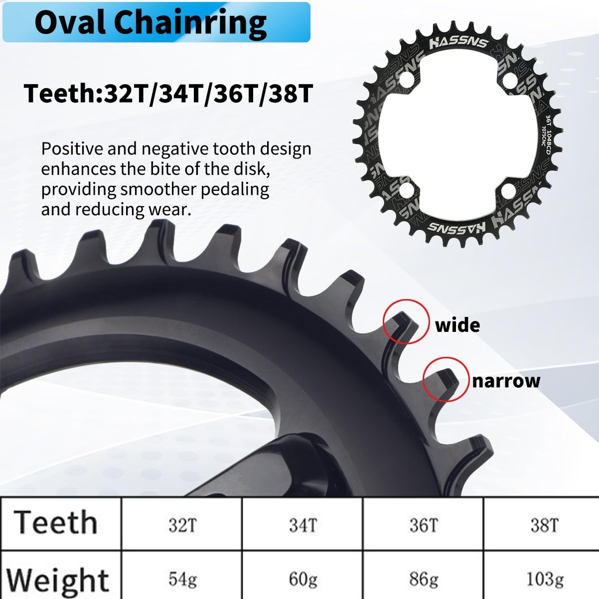 Guarnitura da 170mm/175mm 104/64 con Ingranaggi Ovali da 32T/34T/36T/38T Integrato Cavo Set di Pedivelle in Lega di Alluminio per Bicicletta da Montagna con BB(170mm,38T)