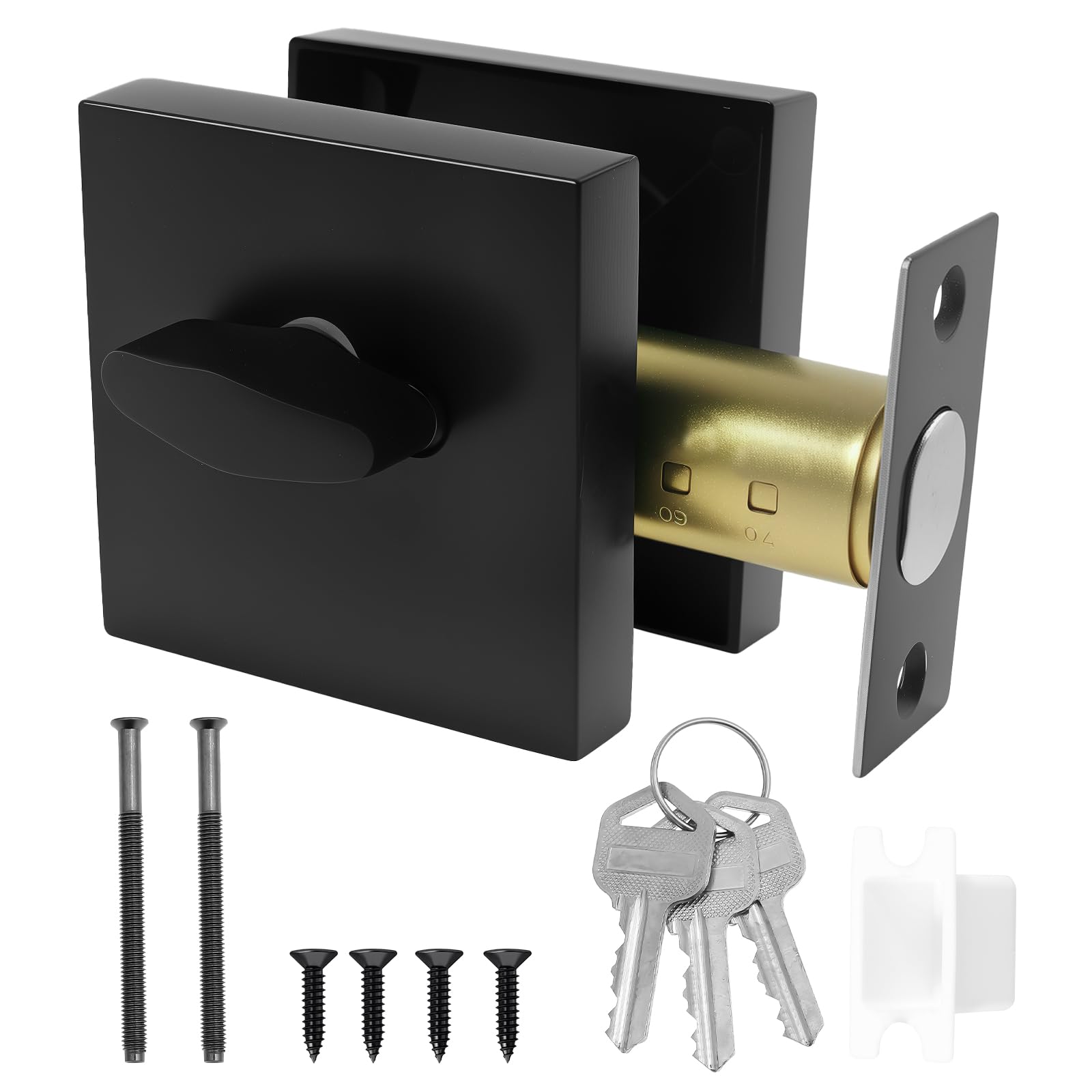 Square Deadbolt Lock with Keys Zinc Alloy Single Cylinder Exterior Door Lock Black Anti Theft Door Latch Protection Invisible Barn Bolt for Office Bedroom Bathroom