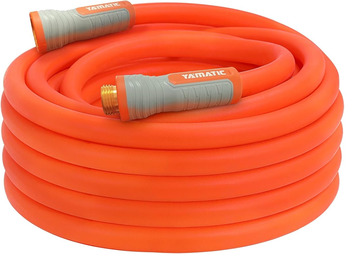 YAMATIC Flexible Garden Hose 5/8" x 50ft, 360° Swivel Handle, Burst 600 PSI | Water Hose for All-weather, 3/4" Brass Connections for Leakproof, Lightweight Hose for Lawn, Agriculture, Orange