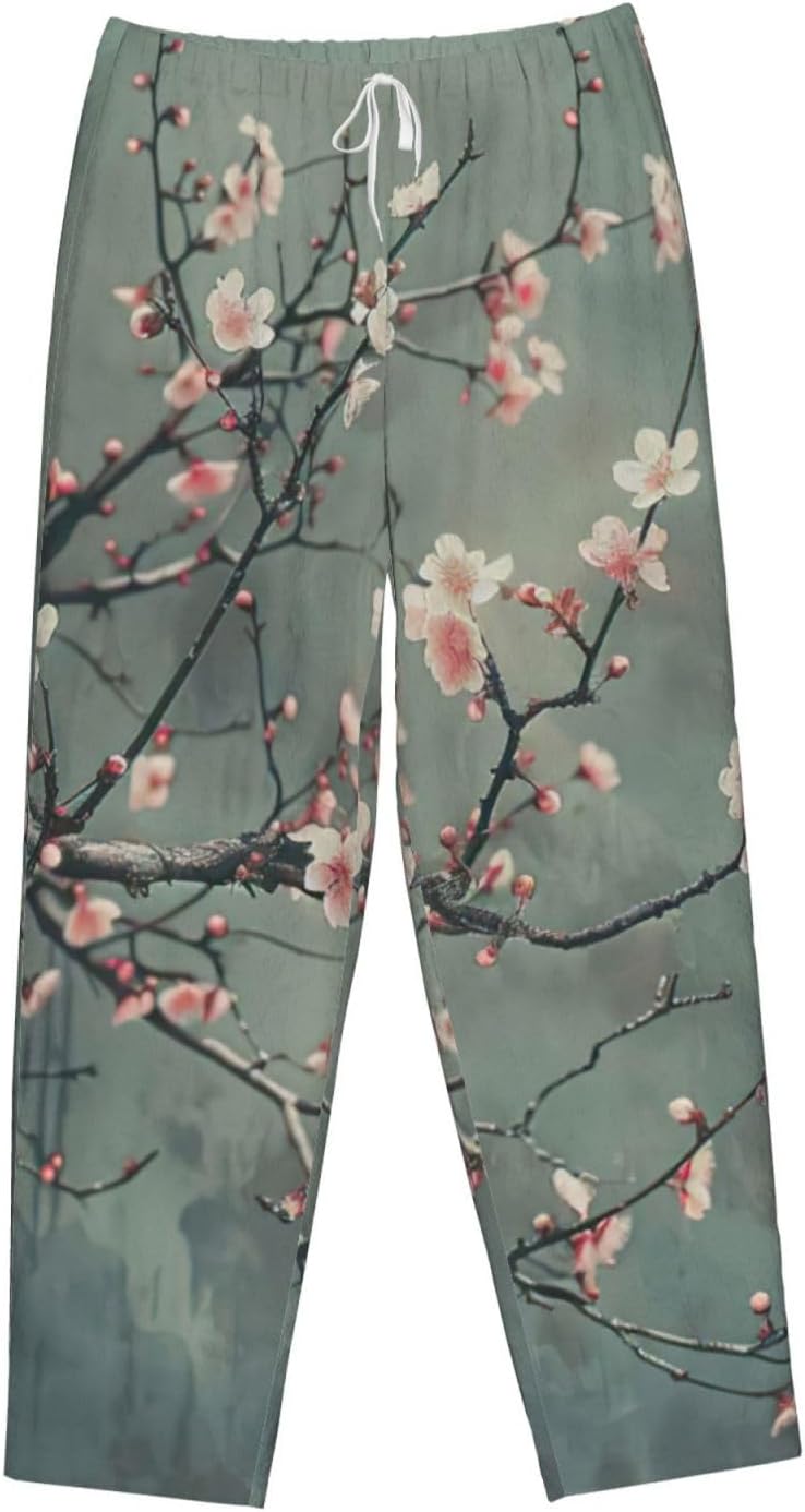 Japanese Cherry Flowers Print Fashion Cozy Womens Flannel Pajama Pants,Perfect For Christmas And Everyday Wear