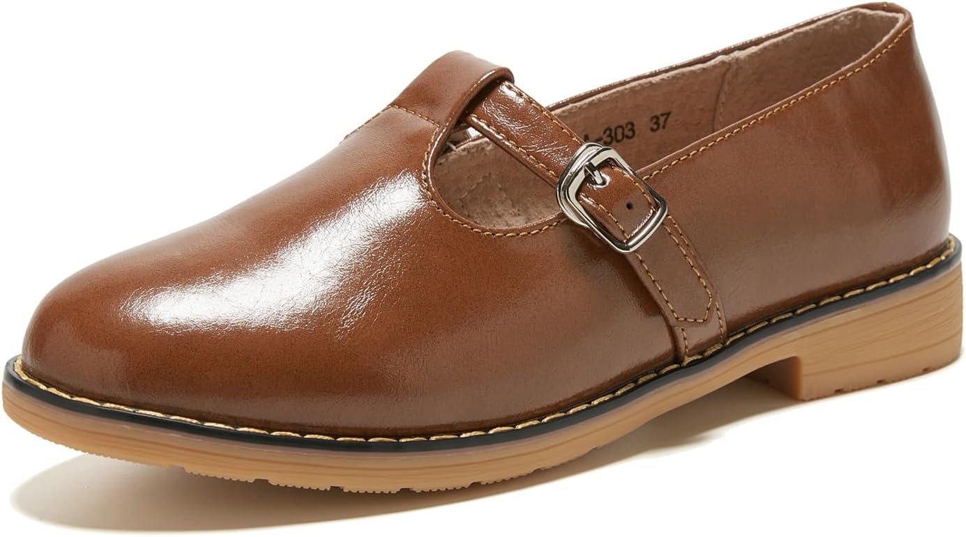 TRULAND Women's Leather Mary Jane Oxfords Shoes - Slip On T-Strap Loafers Casual Closed Toe Dressy Flats Shoes for Office Work