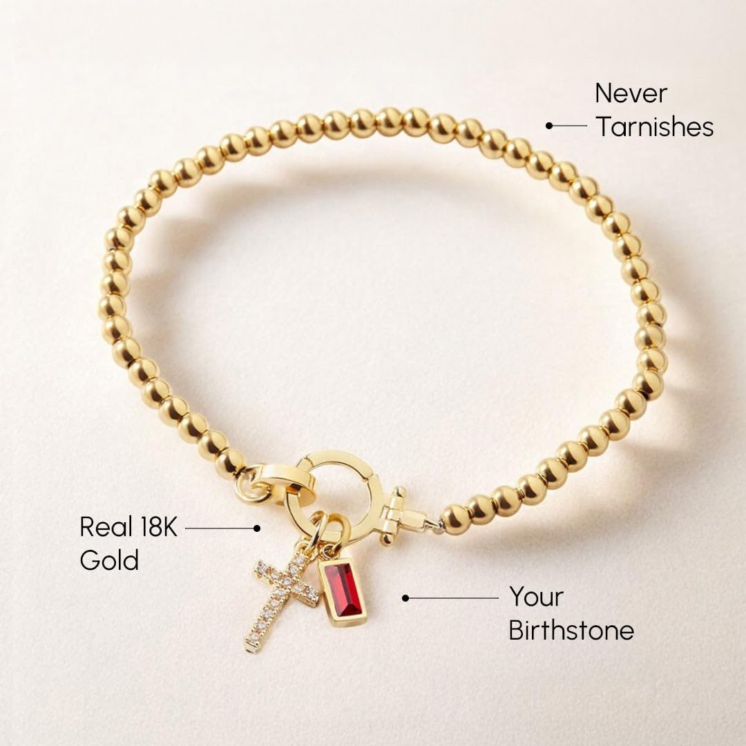 Mint & Lily Birthstone Cross Charm Bracelet - 18K Gold Plated Over Brass Gold Bracelet for Women with Gemstone