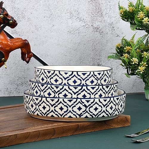 Image of QIMACPLUS Ceramic Salad Tray Bowl Deep Dish Bowl Salad Plate Serving Snacks Tray Set of 3 Snacks Salad Bowls (Dark Blue Colour Print)