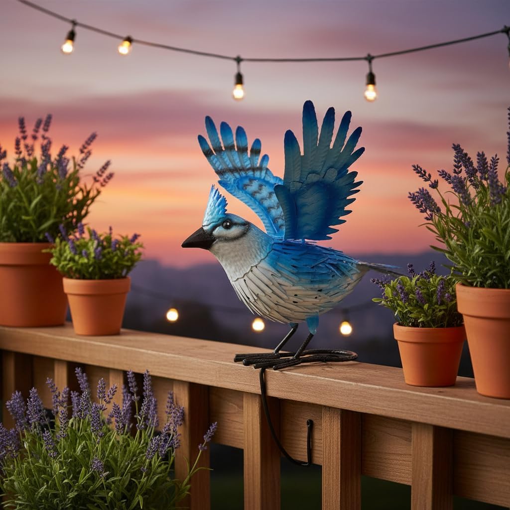 Cruis Cuka 9.5" Blue Jay Garden Decor, Hand-Painted Metal Bird Sculpture, Weatherproof Yard Art for Patio, Farmhouse Spring Gift