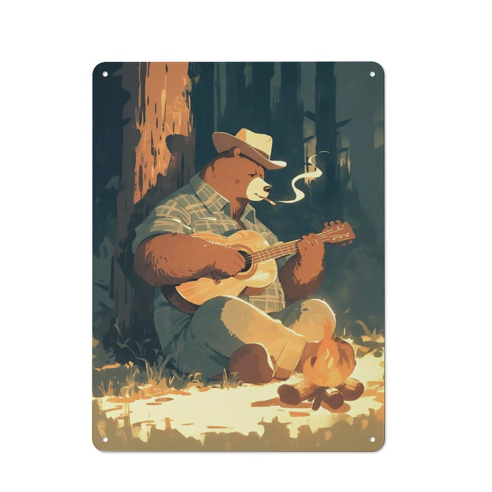 Bear By The Campfire Retro Tin Wall Plaque 40x30cm for Home Office Or Studio, for Cooler-month Interiors with Retro Character