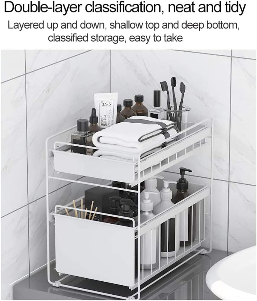 Drawers Under Sink Under Sink Storage Kitchen 2 Tier Sliding Basket Stackable Cabinet Organizer for Under The Sink Space Saving in Kitchens Bathrooms Pink Large (White Small) (Pink Small)