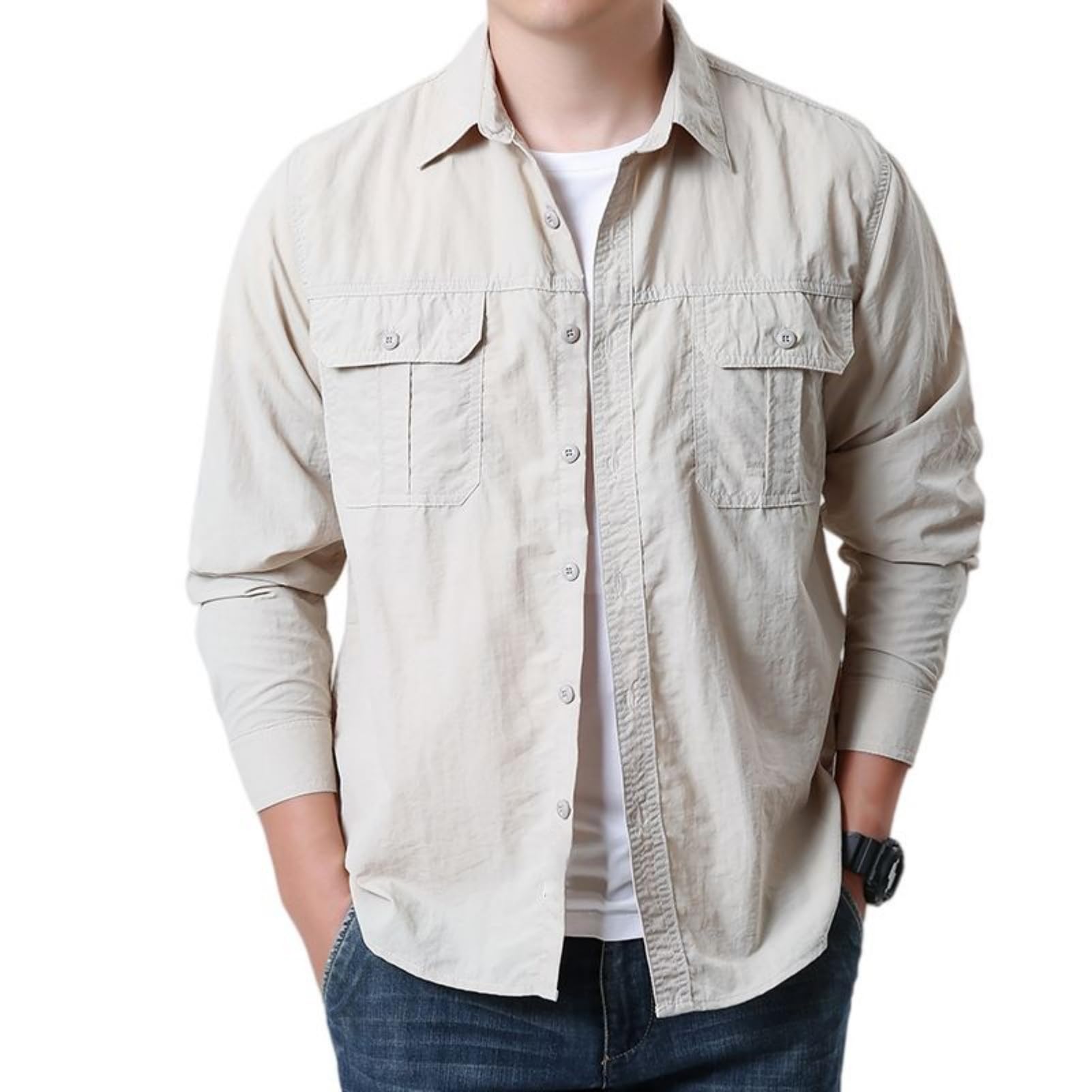 Camicia cargo da uomo a maniche lunghe, leggera, con diverse tasche, per l'uso quotidiano