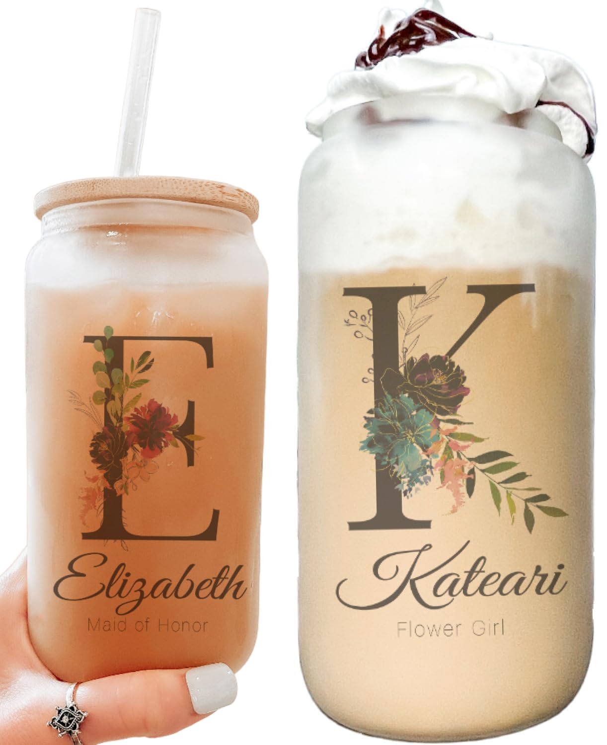 Personalized Glass Tumbler Set with Straw - Unique Custom Design with your Name and Title - Bridesmaid Gifts - Bridal Party Gifts - Tumbler with Straw for Bacheloretter Party - Iced Coffee Cup
