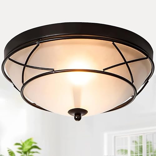 Miniatura 10 de Lámpara de techo clásica negra de 12 pulgadas, montaje empotrado, 2 accesorios de iluminación de bronce claro, lámpara de techo de granja de vidrio