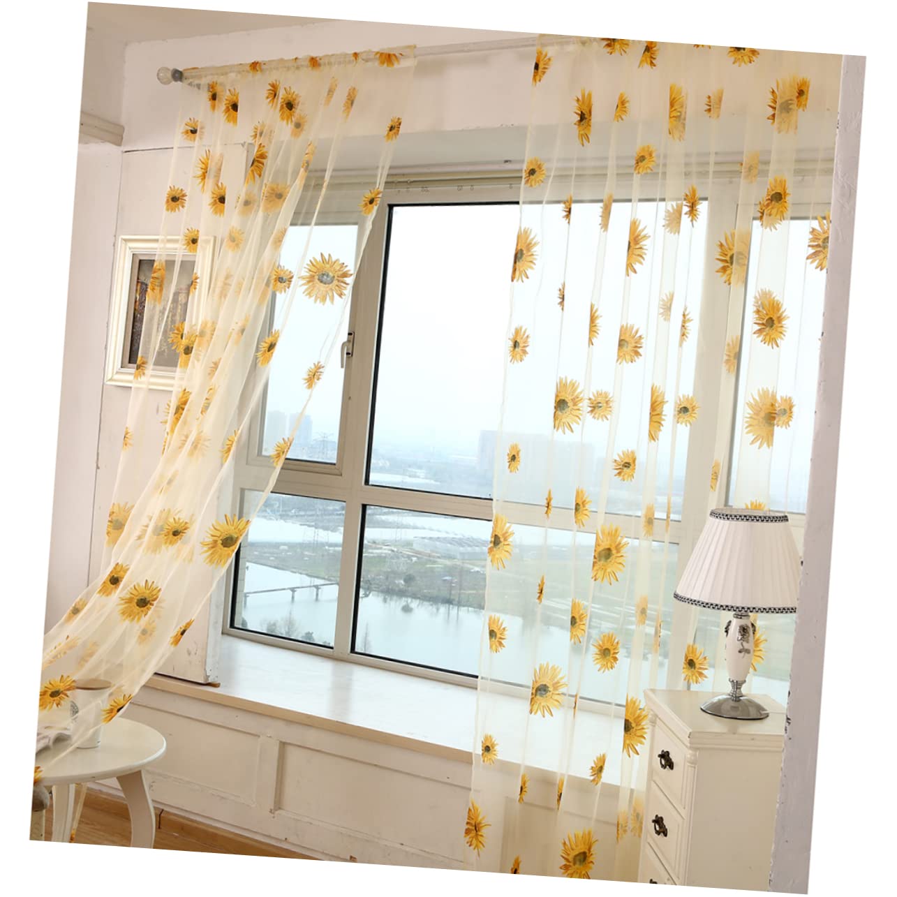 LIFKOME Yellow Voile Curtains Sunflower Design for Bedroom Living Blackout Sheer Window Screen