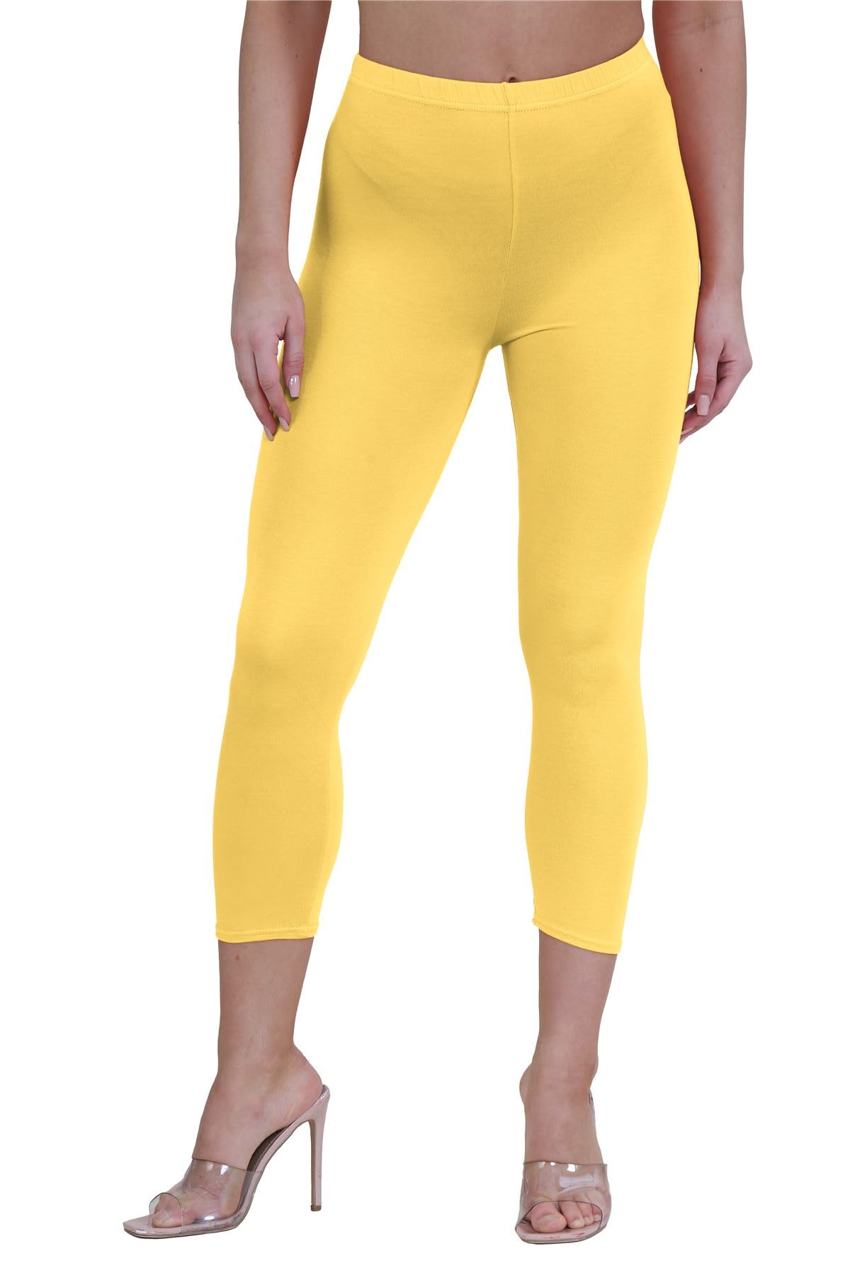 Janisramone Women's Mustard New Plain Stretchy 3/4 Leggings Workout Tight Gym Cropped Capri Active Pants