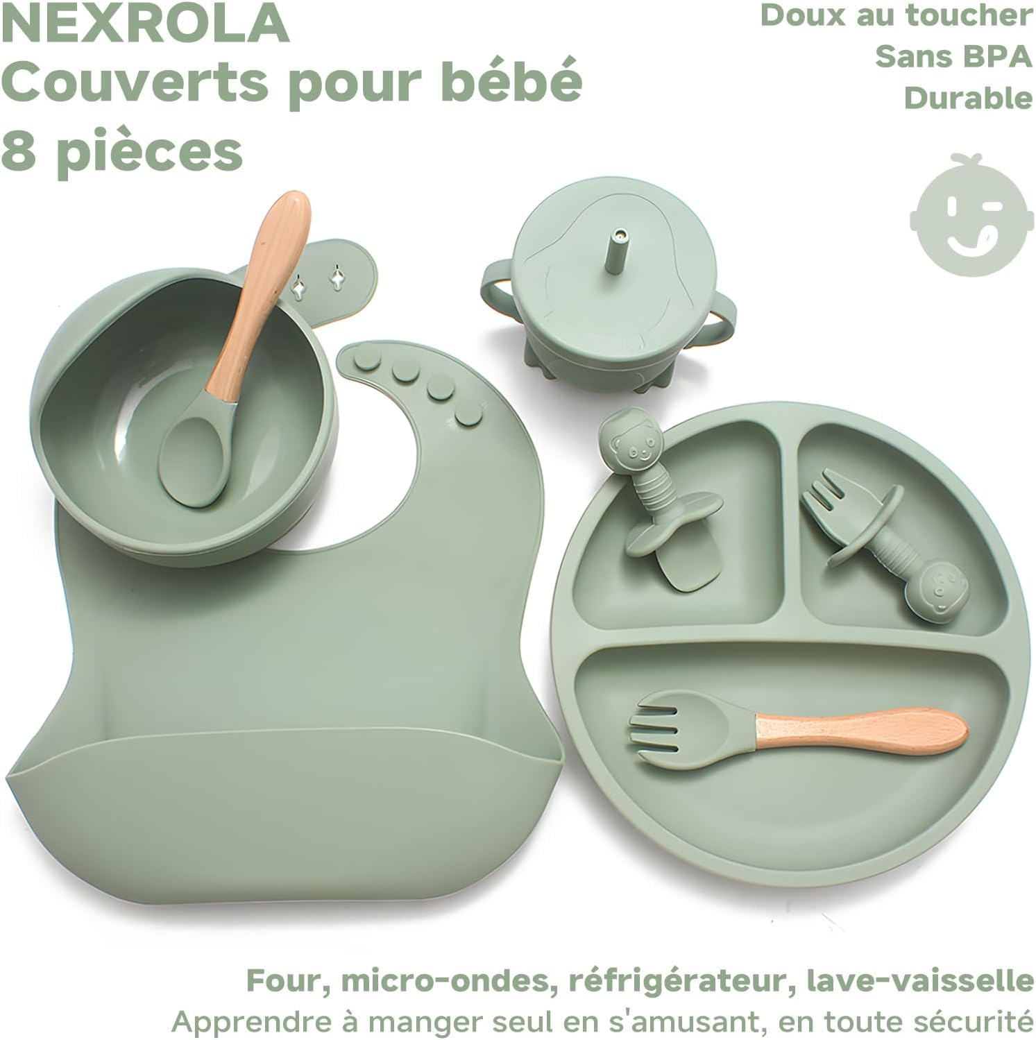 Set Pappa Svezzamento, 8 Pezzi, Piatto Svezzamento Ventosa Ciotola, Bavaglino Silicone, Cucchiaino Forchetta Neonato, Piatti per Bambini, Posate Bambini, Svezzamento Neonati, Verde