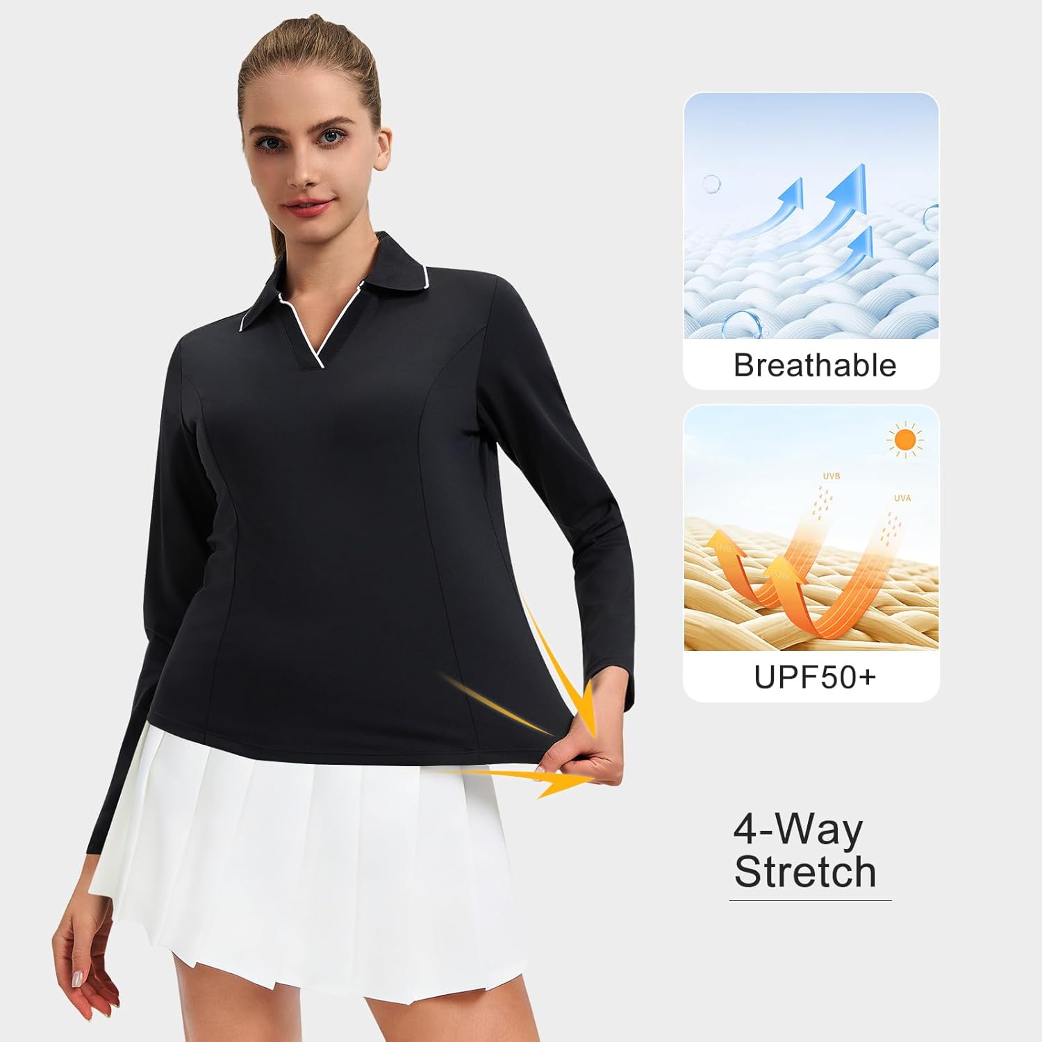 Turnhier Womens Long Sleeve Golf Polo Shirts Quick Dry Collared V Neck Cropped Tennis Athletic Workout Tops - Image 5