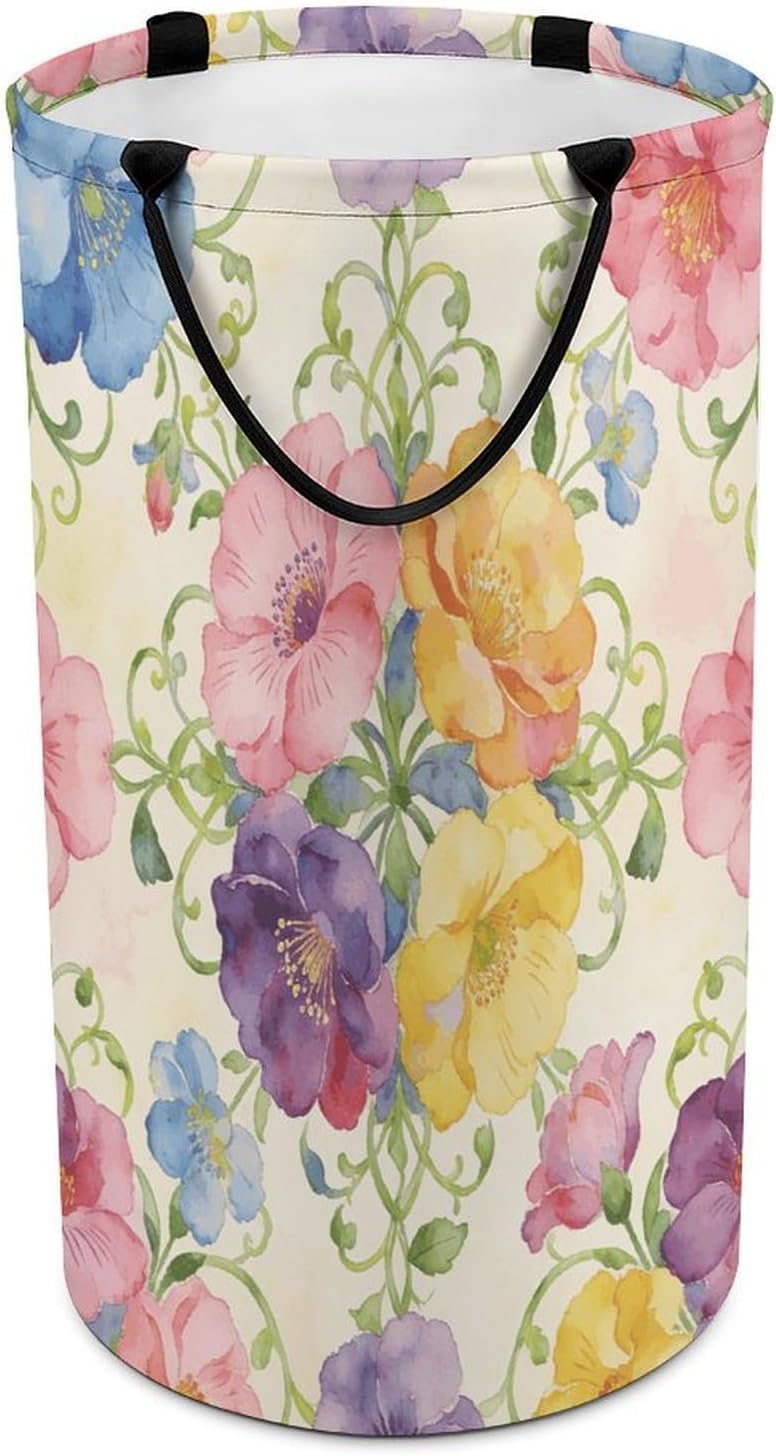 Flower Vines Weave Spring Laundry Hamper 86L Waterproof Collapsible Clothes Basket with Double Handles Freestanding Foldable Laundry Basket Large Clothes Hamper for Bathroom