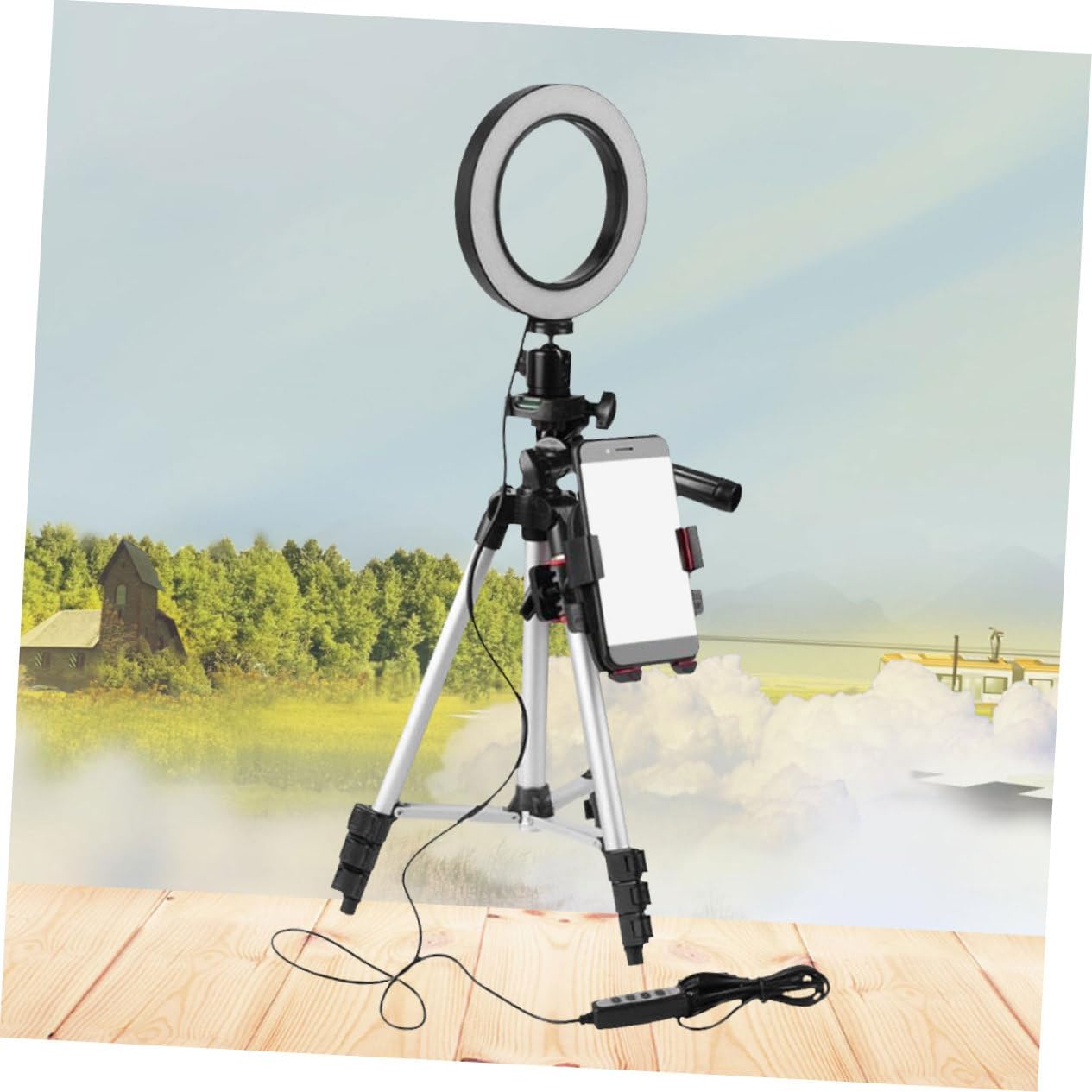 Dimmable LED Ring Light with Tripod Stand Phone Holder for Streaming Videos Brightness Height USB Powered Compatible