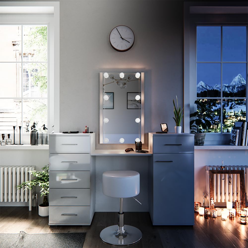 Coiffeuse Zoey, Gris, 120cm Avec Éclairage LED Et Tabouret - Coiffeuse