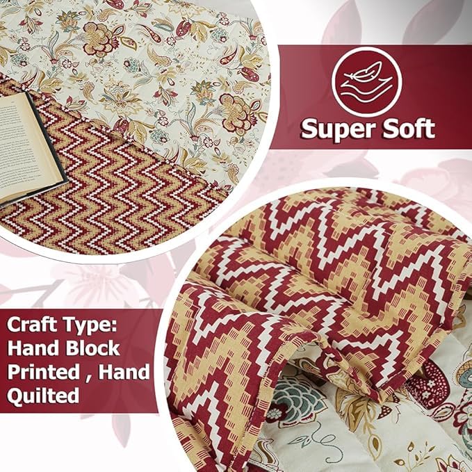 Image of SANMARINO Jaipuri Razai Single Bed Reversible Cotton Quilt | Traditional Ethnic Floral Print Dohar | Lightweight AC Comforter with Pure Cotton Filling | All-Season Blanket (Deep Maroon)