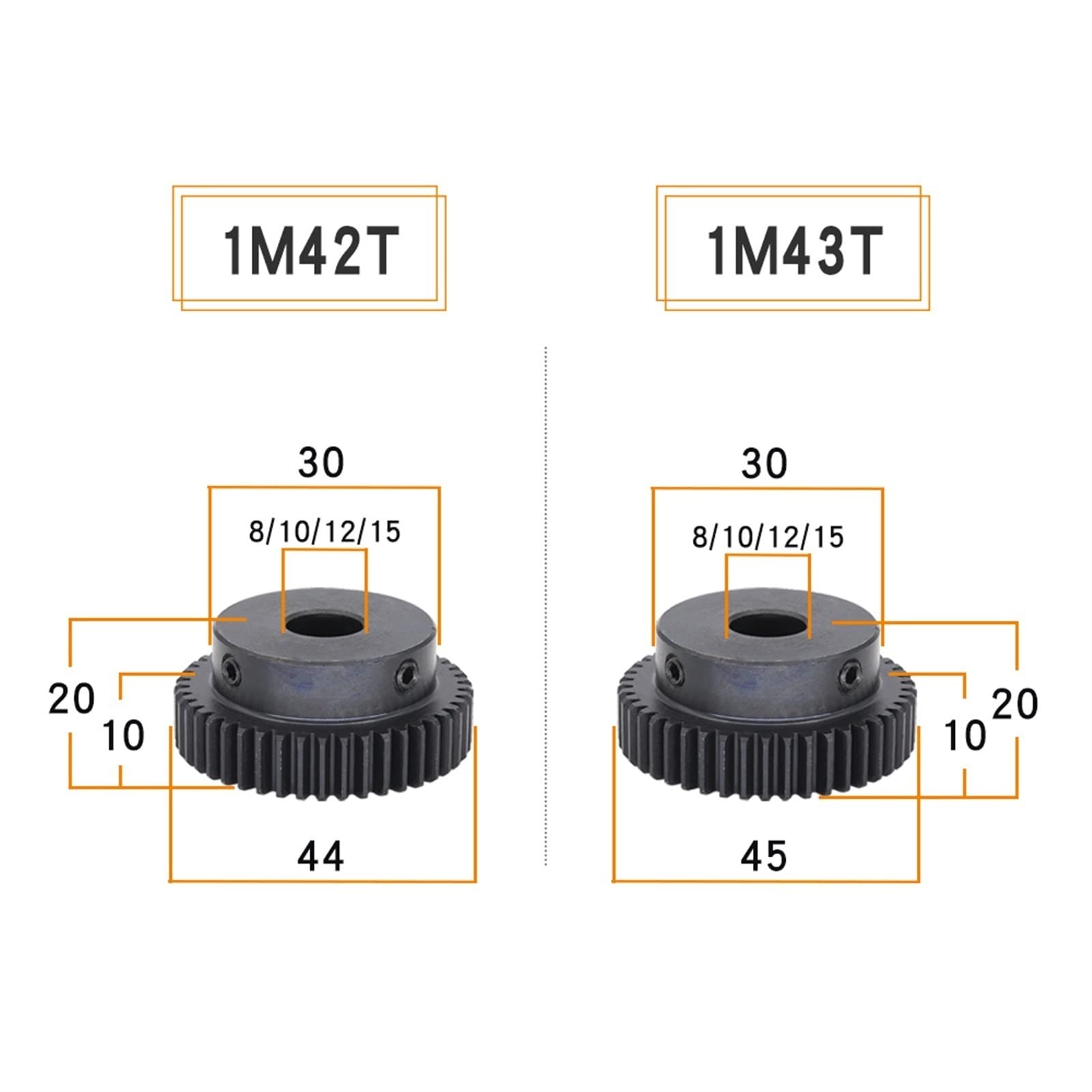 Pignon 1 Module 42T 43T 44T 45 Dents pignon 6mm 8mm 10mm 12mm 15mm alésage 1M 45 Dents en Acier au Carbone engrenage Droit alésage Arbre(Color:8mm Bore,Size:44 Teeth)