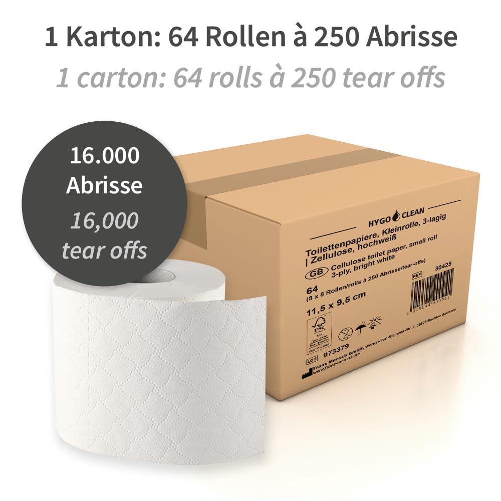 64 Stück Hygoclean Toilettenpapier, Kleinrolle, 3-lagig, weiß | Zellulose, FSC®-Mix, weiß, Abrisse: 250, L: 11,5cm, B: 9,5cm