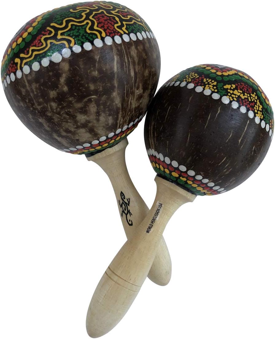 World Percussion USA Large Coconut Maracas Shaker Pair (2) - musical instrument rattle - Painted design, stained handle