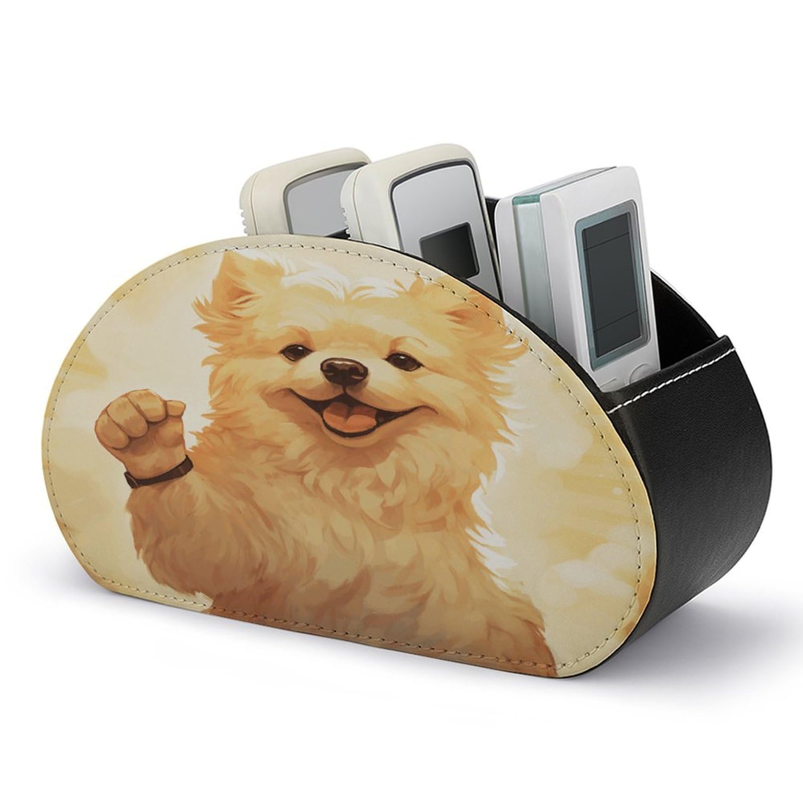 FekiLoot Charming Puppy Remote Control Holder with 5 Compartments Multi-functional TV Remote Caddy Organizer Leather TV Remote Holder Desktop Organizer Store for Bedside Table Office Desk