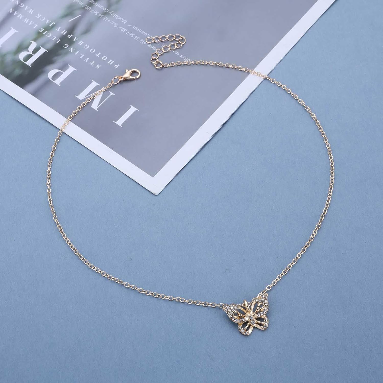 Vintage Crystal Butterfly Pendant Necklace Hollow Rhinestone Butterfly Choker Necklace Tiny Butterfly Chain Necklace Sparkly Cz Rhinestone Choker Necklace for Women - Image 3