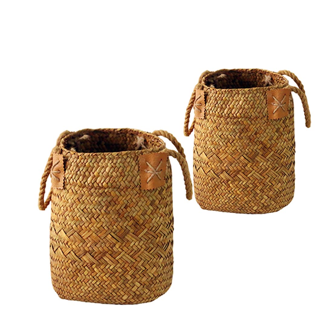 Vistnale Woven Flower Basket, Seagrass Woven Basket Straw Belly Storage Flower Plant Pot Vase Organizer with Handles for Laundry Picnic Grocery 2PCS