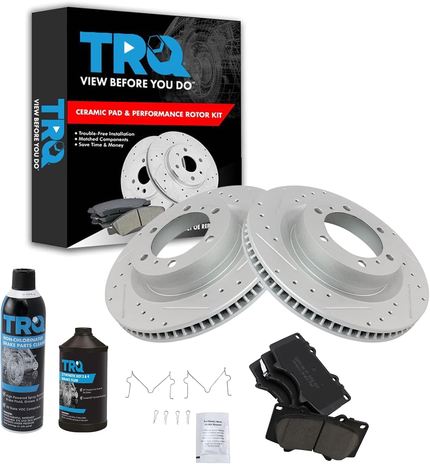 TRQ Front Performance Brake Pad & Rotor Kit Brake Chemical Kit Brake Pads Brake Rotors Set Ceramic Premium G-Coated Compatible with 2010-2019 Lexus GX460 Toyota 4Runner