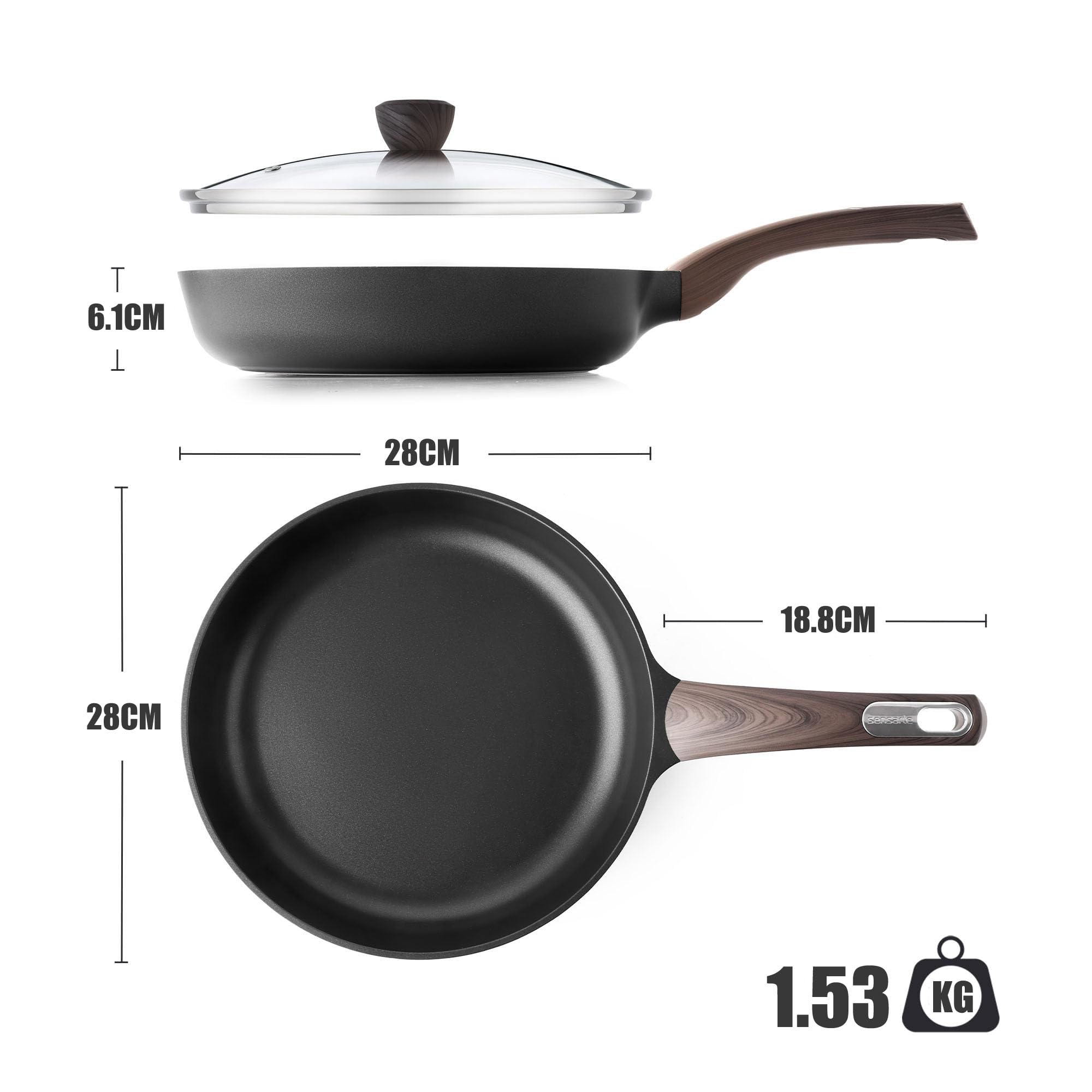 SENSARTE Sartén antiadherente con tapa, 28 cm, sartén antiadherente para tortillas, cocina saludable, libre de PFOA/PFOS, compatible con inducción, negro
