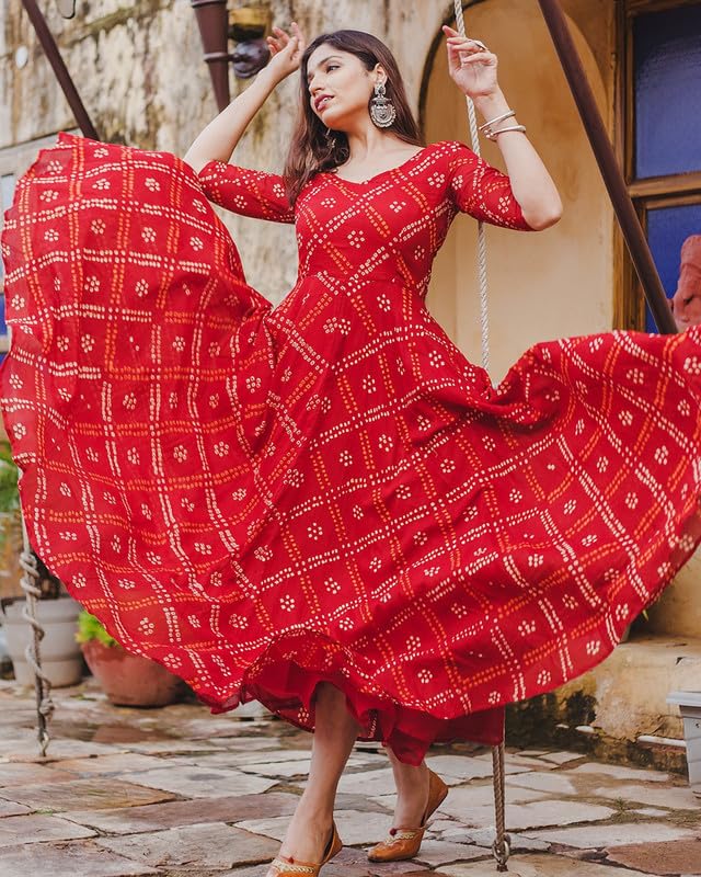 Image of Bandhej Anarkali Kurti | Flared Dress for Girls and Women | Jaipuri Print Rayon Kurti | Red