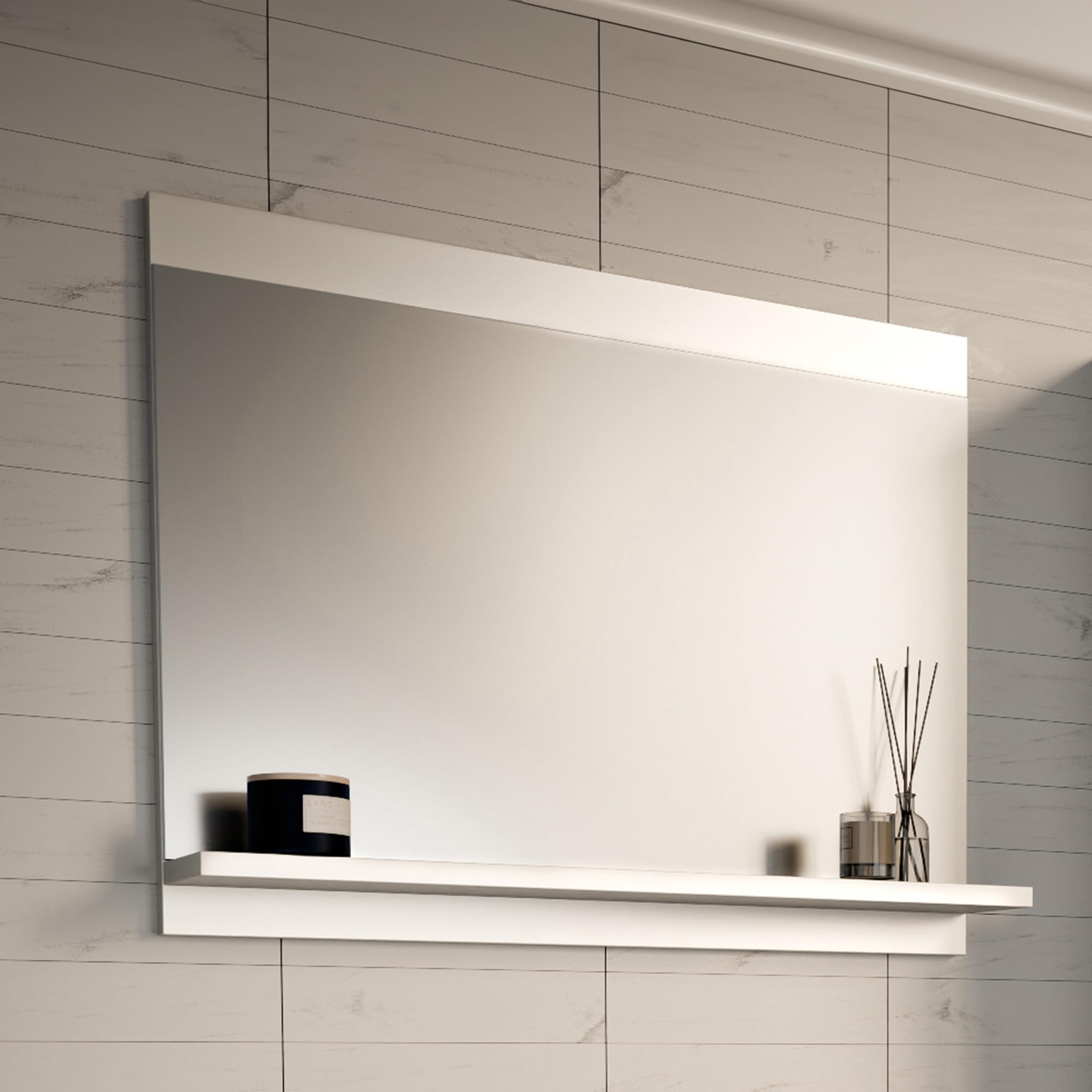 [en.casa] Specchio Rettangolare da Parete con Ripiano Integrato per Bagno Specchiera con Mensola da Appendere 50 x 60 x 12 cm Ingresso Corridoio - Bianco