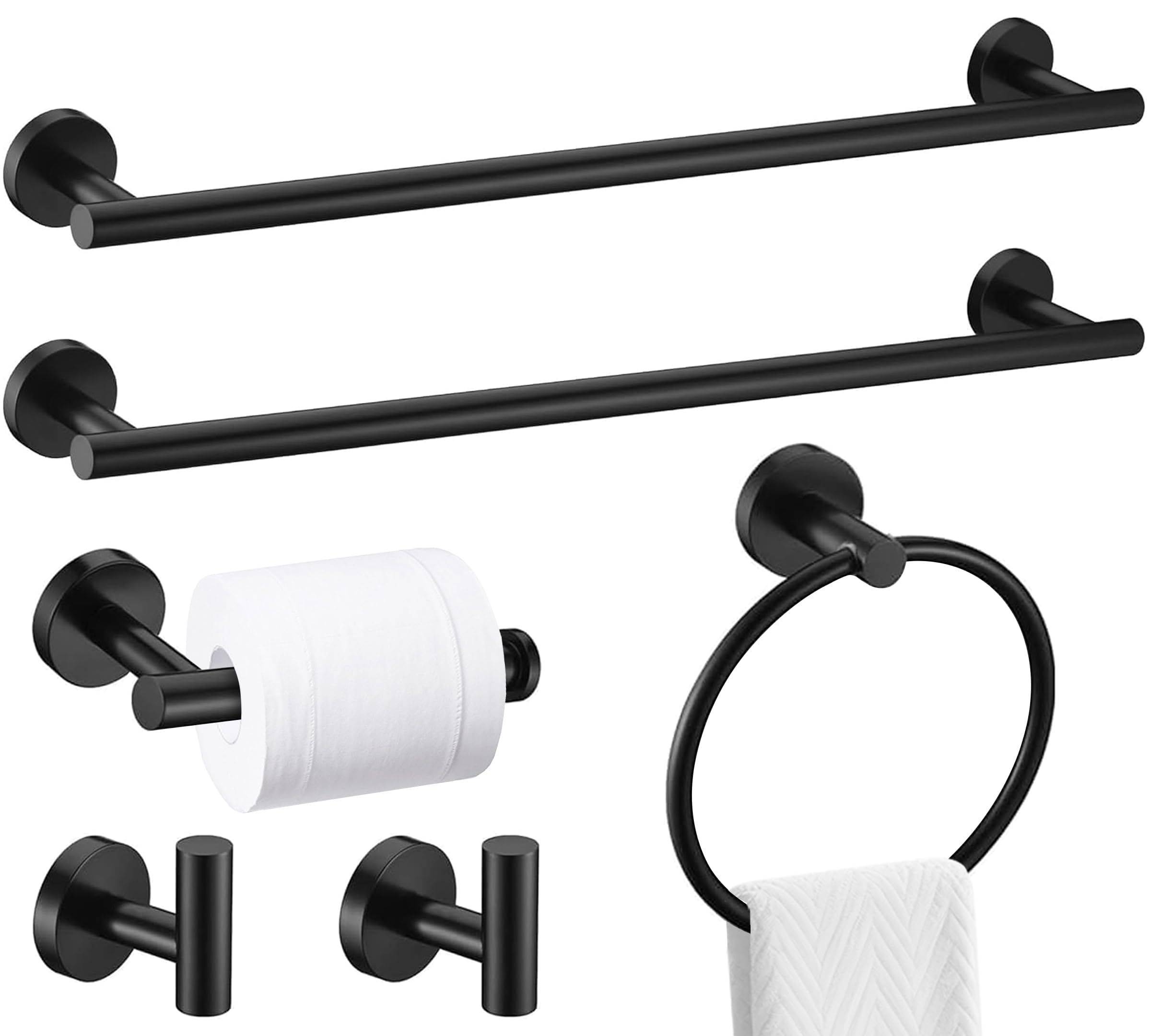 Lot de 6 accessoires de salle de bain noir mat 60 x 5,1 cm, 2 crochets porte-serviettes, 2 pièces en acier inoxydable SUS 304, très résistant, montage mural