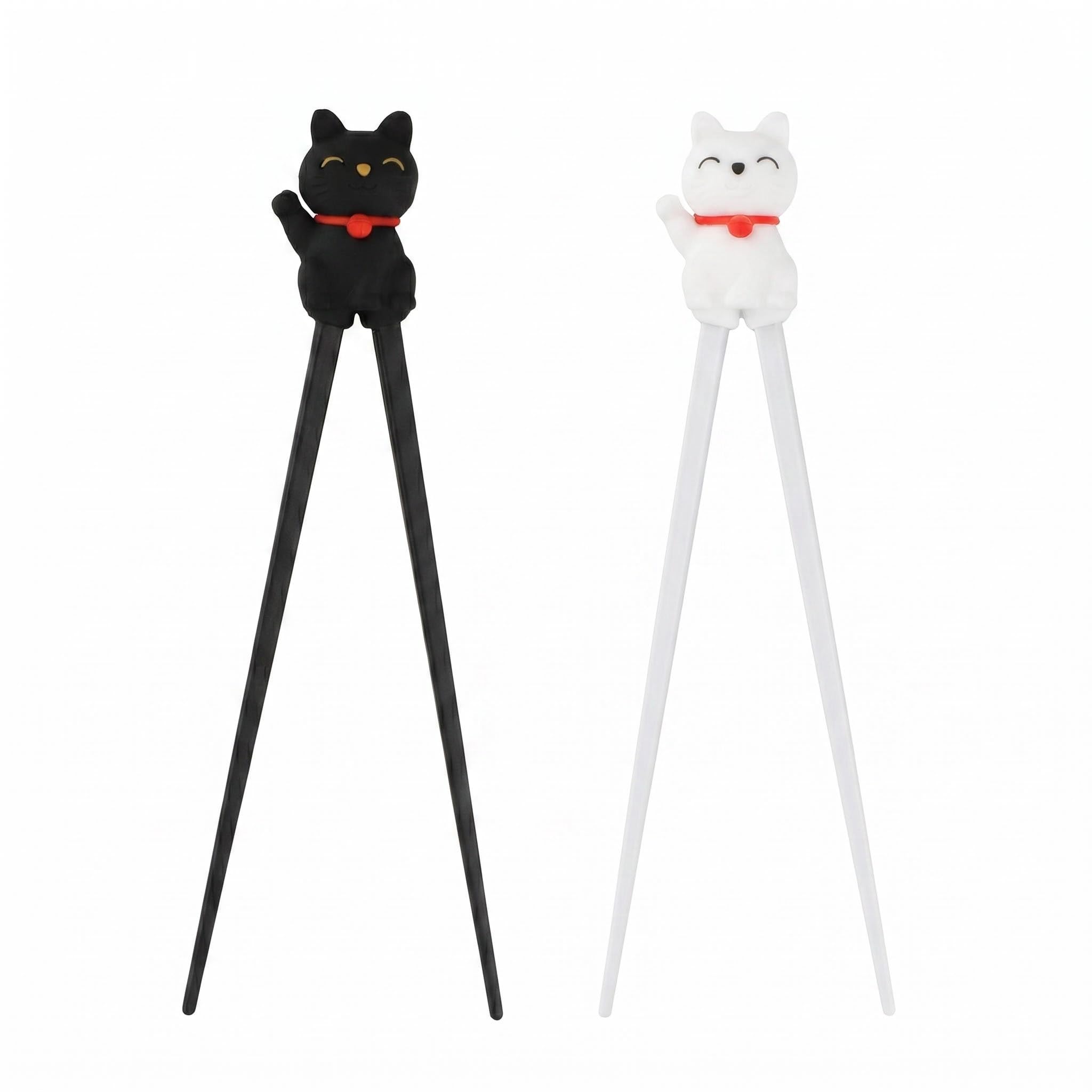 2 Pairs Training Chopsticks for Beginners, Rebound Non-Slip Silicone Chopsticks with Lucky Cat Design (Black & White), Reusable Heat-Resistant Learning Chopsticks for Noodles and Asian Dishes