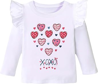 Toddler Girls Valentine Shirt Kids Tee Shirt Love Heart Shirt for Girl XOXO Holiday Ruffle Long Sleeve T-Shirt 2-7T