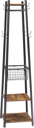 Miniatura 2 de VECELO Perchero independiente, soporte de ropa de entrada con cesta de metal y 2 estantes, árboles de pasillo mejorados con 8 ganchos dobles para