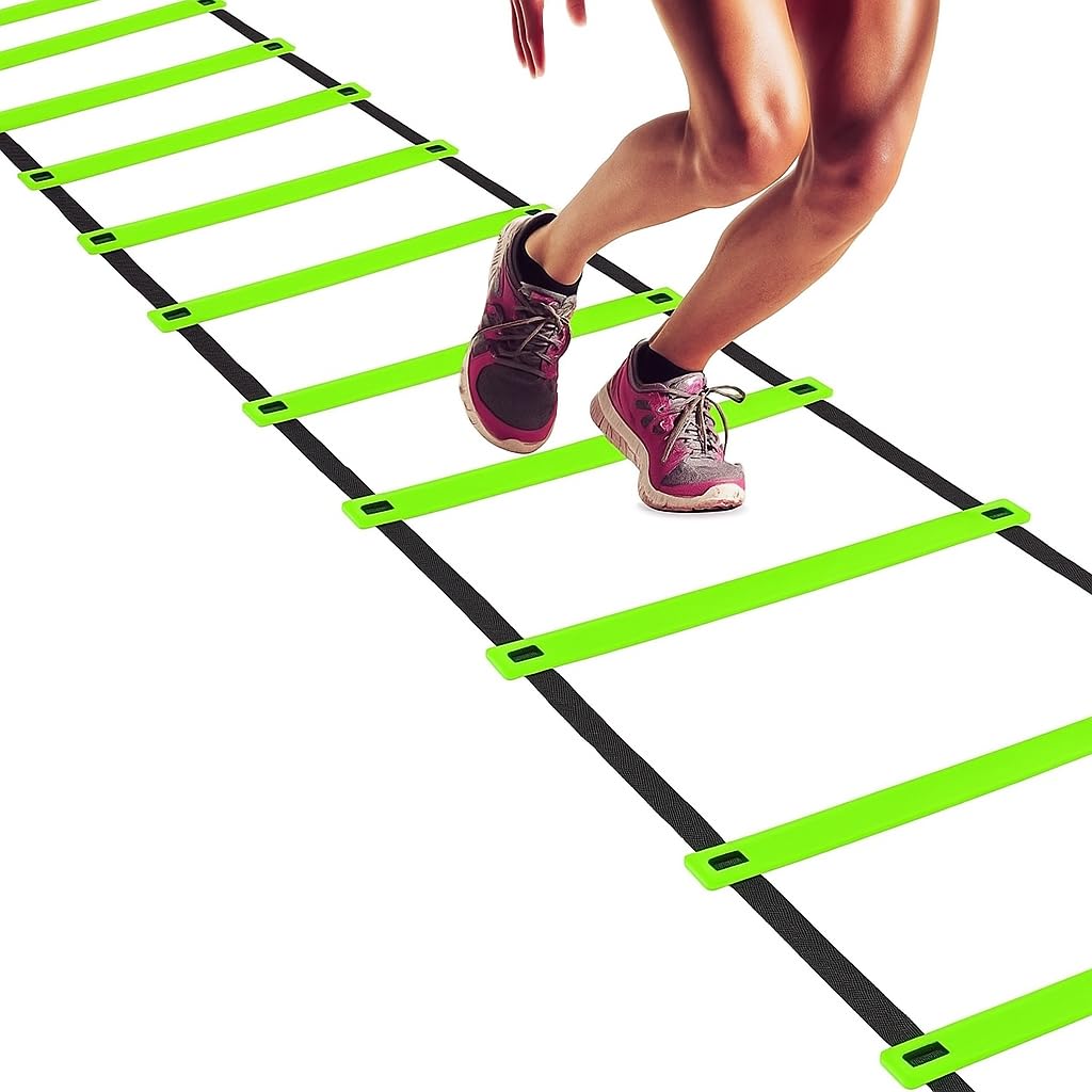 ABB INITIO GYM Adjustable Agility Ladder with Polypropylene Rungs & Durable Straps | Speed Ladder for Training, Exercise & Sports Drills | 8 Meter - 16 Rungs - Green