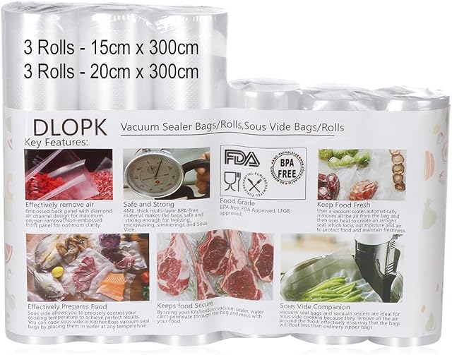 Vacuum Sealer Bags, DLOPK 6 Pack 15x300cm and 20x300cm Food Bags for Vacuum Sealer Sous Vide Machine Vacuum Sealer Rolls for Food Saver, Freezer Bags