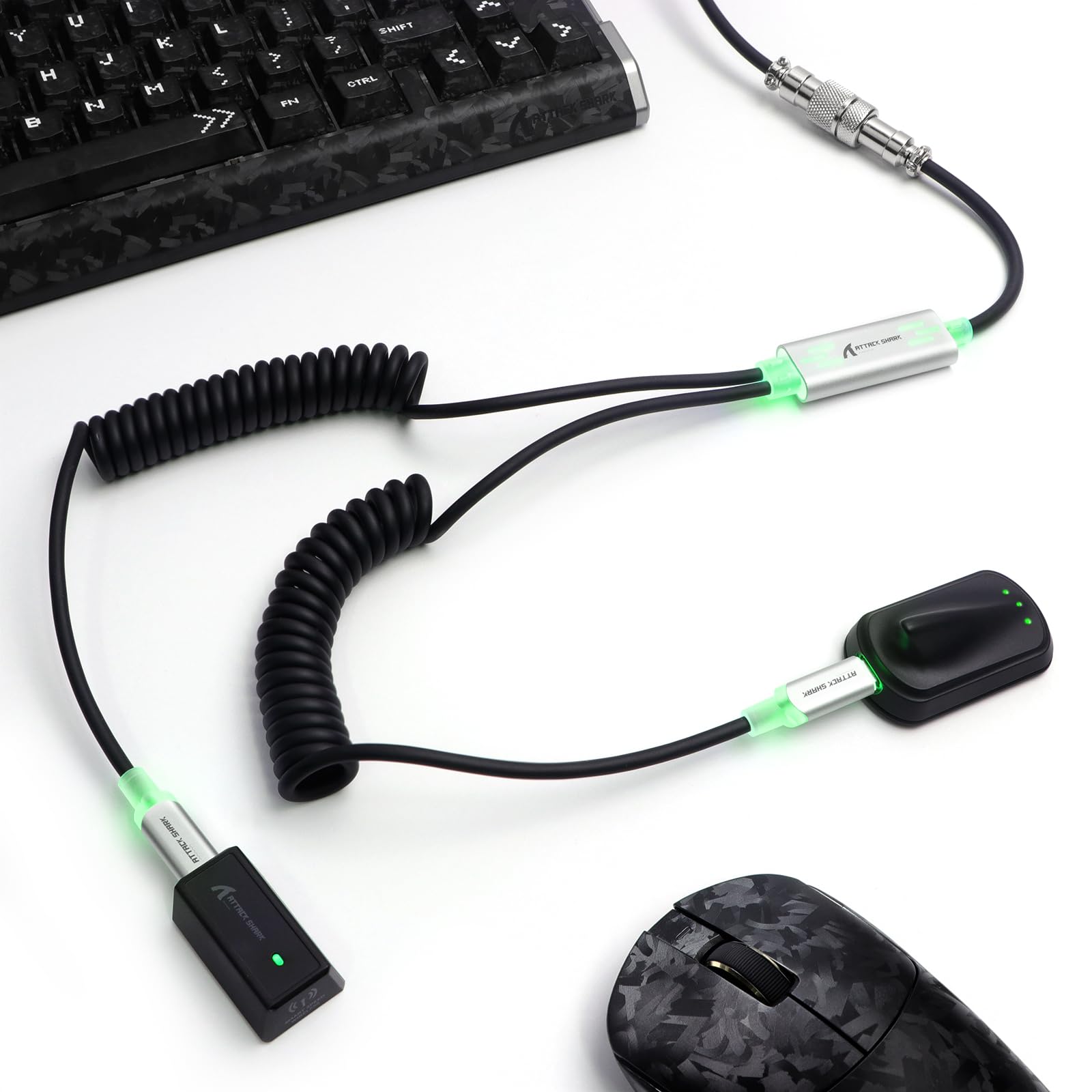 MAMBASNAKE X ATTACK SHARK C08 Kabel Spiralny Klawiatury 2 W 1 Typu C, 8KHz & Szybki Spust, Magnetyczne Światło RGB, Stalowe Złącze Lotnicze, Kabel Danych I Szybkiego Ładowania USB C Do USB A (Czarny)