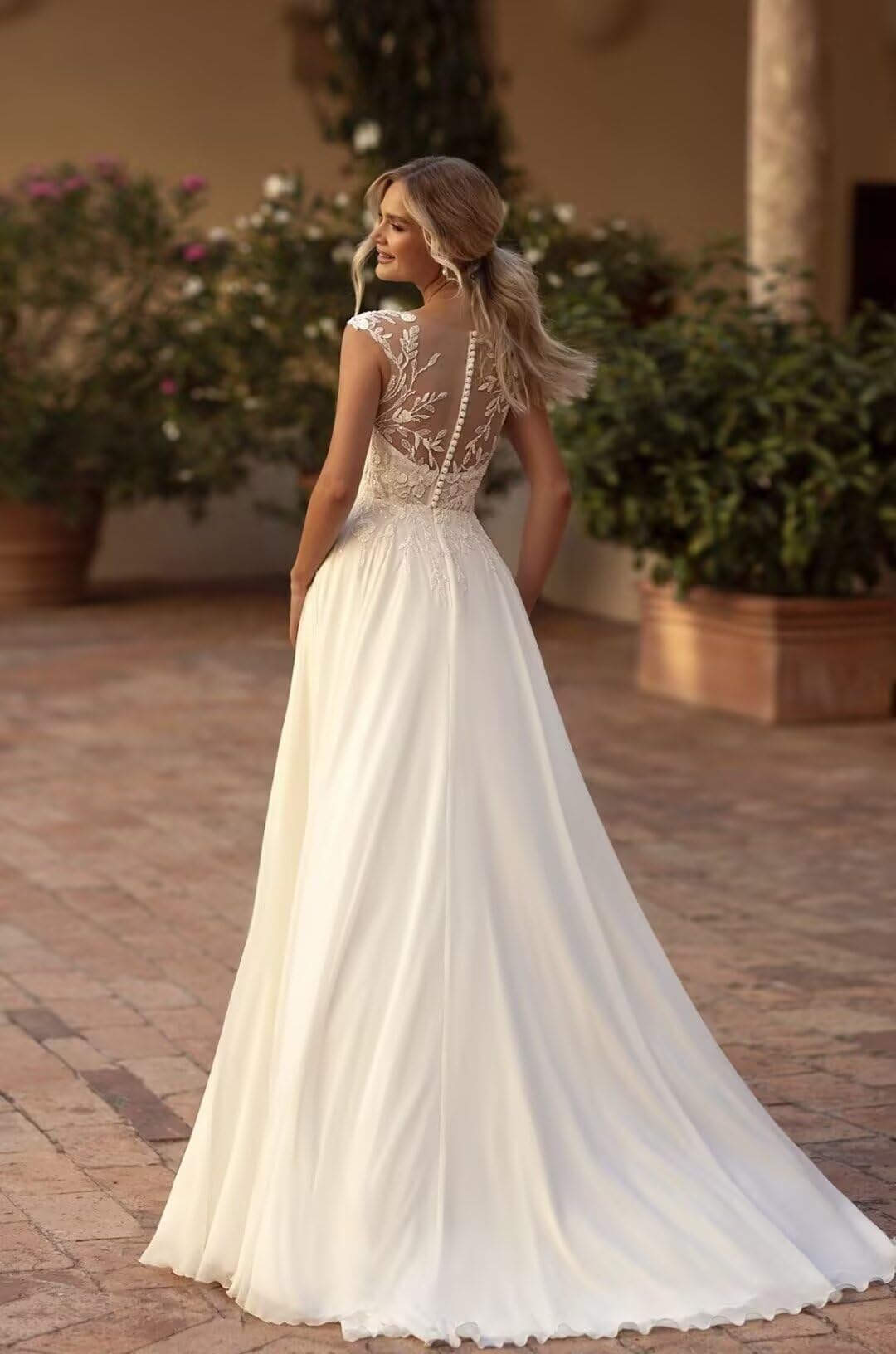 HUINI Brautkleid Standesamt Hochzeitskleid Chiffon Boho Spitzen Lang Strand Brautmode Kleid