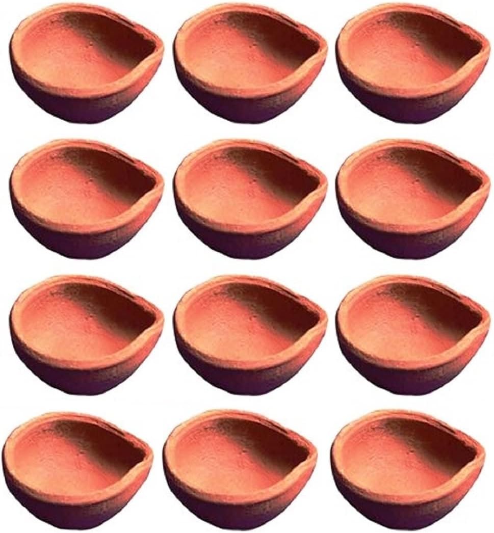 Mkd2 Rise Natural Clay Traditional Diwali Ke Diya | Earthen Clay Diya | Mitti Ka Diya | Diyas for Pooja (Set of 12)