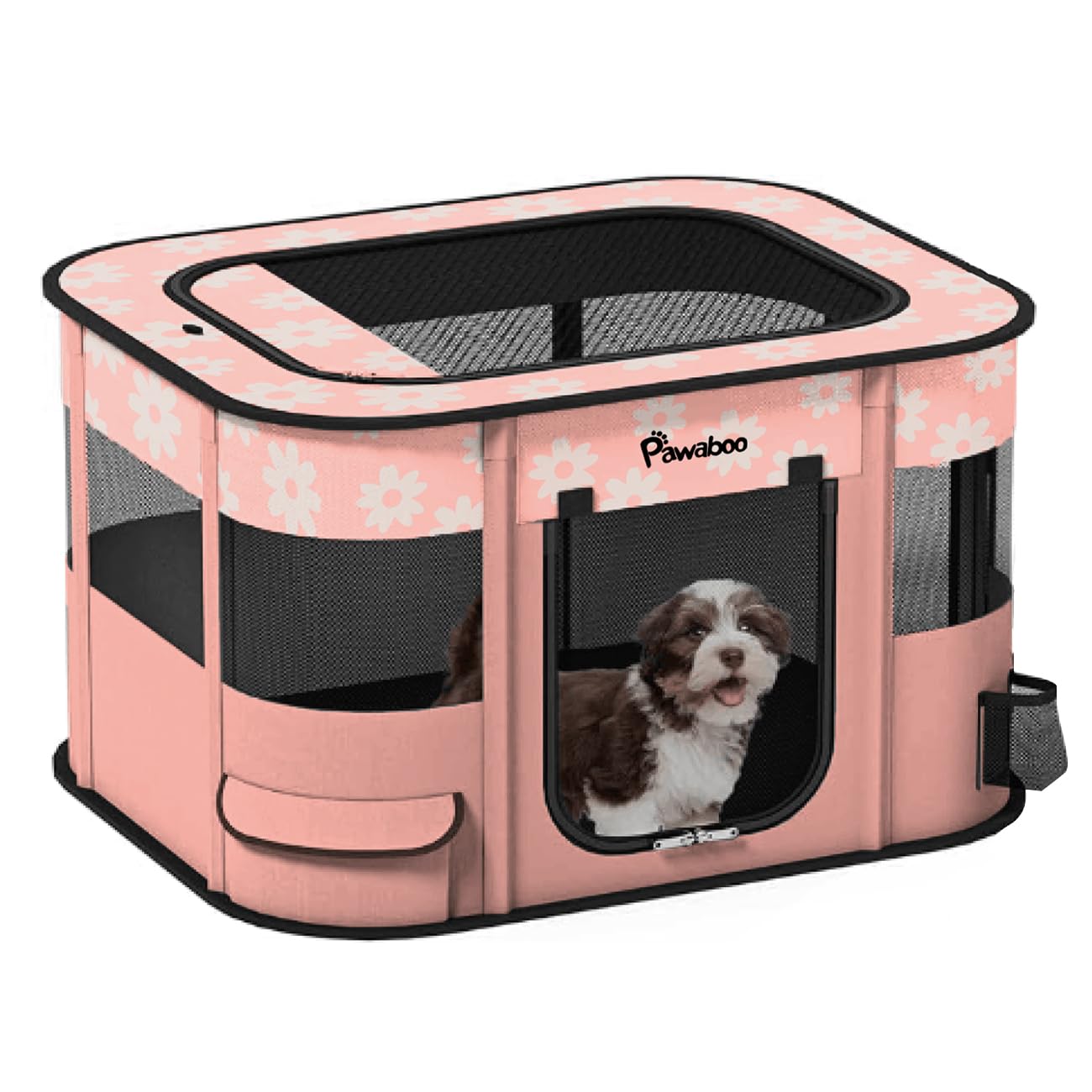 Dog Playpen, Portable Pet Cat PlayPen, 600D Oxford Dog Kennel Tent Crate, Breathable&Waterproof, Outdoor Indoor Travel Camping for Medium/Large Breed with Carrying Case+Bowl, L, Light Pink Flowers