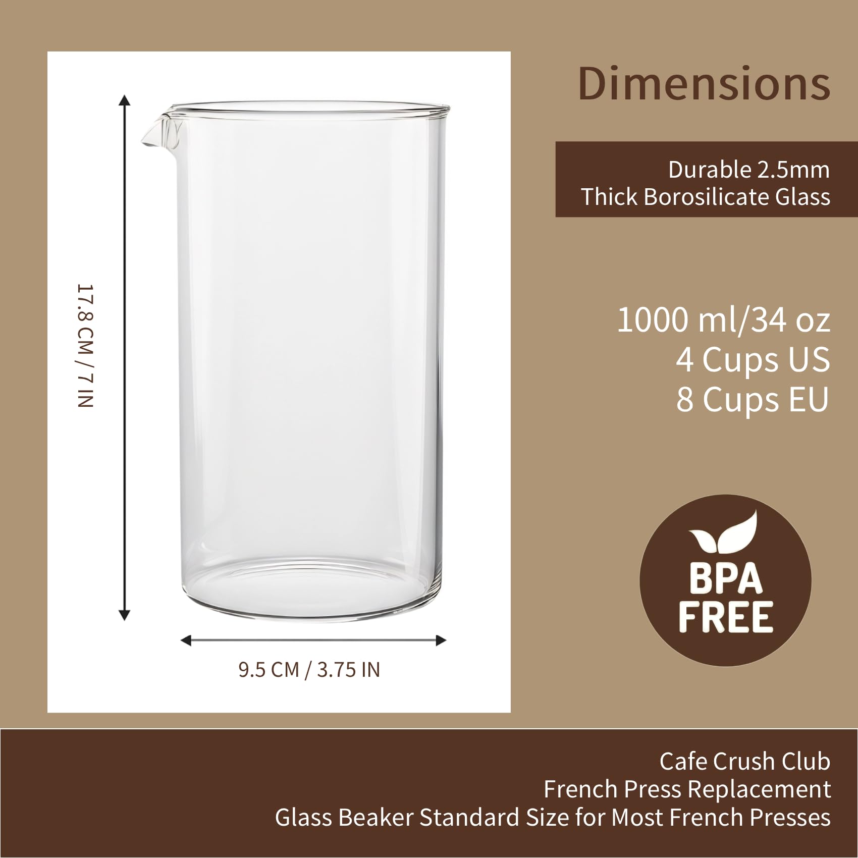 bonVIVO French Press 8 Tazze Nera con Caraffa di Ricambio 1L - Caffettiera a Stantuffo in Vetro Borosilicato per Caffè, Tè e Cold Brew