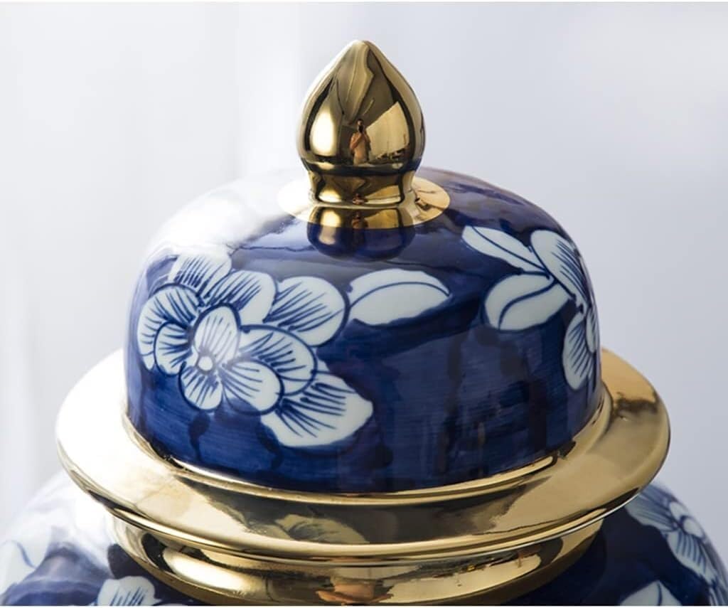 Tarro decorativo grande de porcelana con tapa, jarrón con estampado floral azul y blanco, borde dorado, tarro de jengibre para decoración del hogar, estilo templo, 9 x 17.5 pulgadas