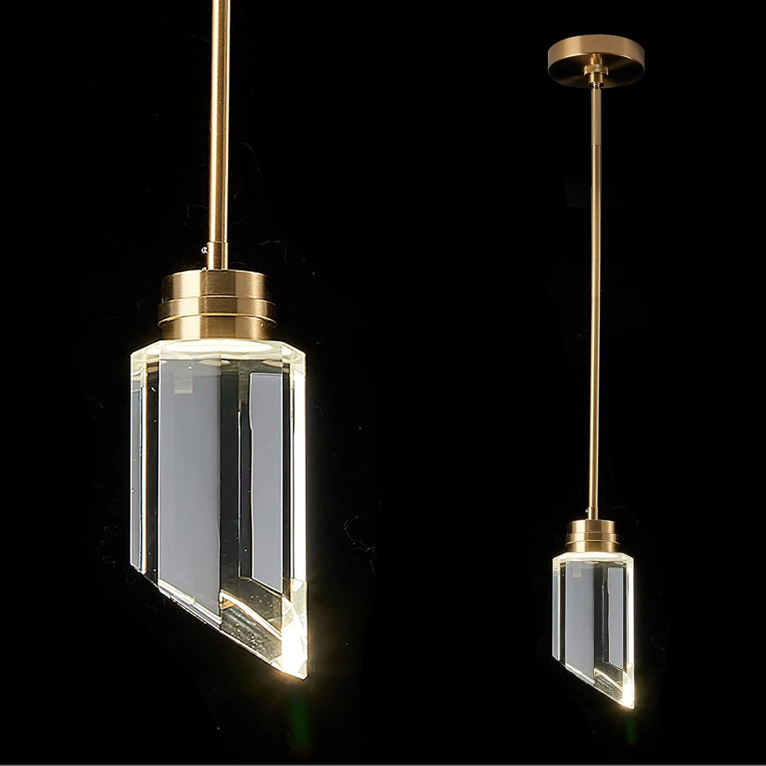 WABON Modern Crystal Cylinder Pendant Light, K9 Crystal 1-Light Gold Brushed Brass Led Hanging Pendant Lighting Fixtures for Bedroom Kitchen Island Dining Room