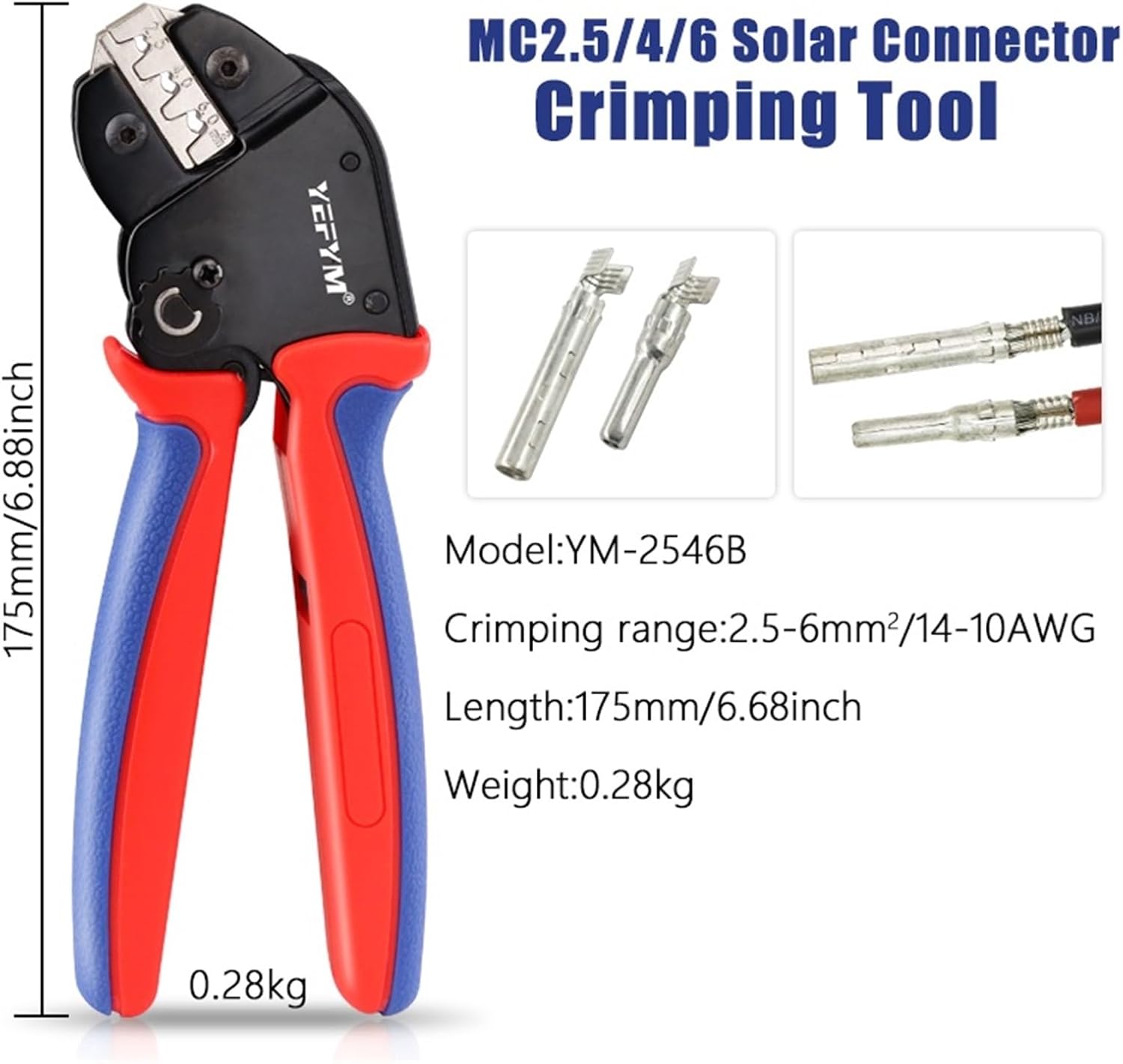 Solar PV Panel Mini Crimping Tool Kit YM-2546B Crimper Stripper Solar Connectors Spanner Wrench works for AWG14-10,MC2.5/4/6mm²(YM-2546B)
