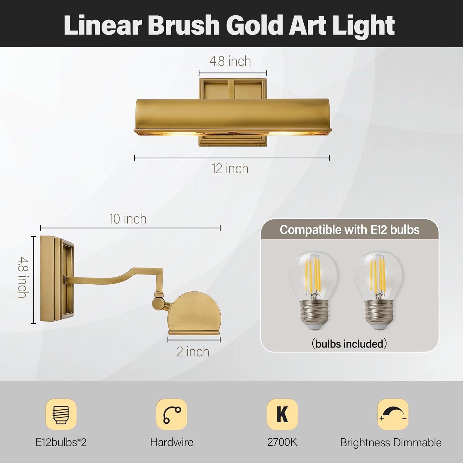 Gold Dimmable Art Picture Light: 12" Brass Hardwired Display Wall Lights - Vintage Art Decor Sconce Lighting Over Pictures Frame - Linear Artwork Light for Gallery Museum Painting E26 Bulbs Included