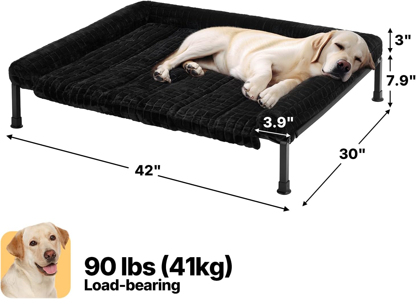 Veehoo Elevated Dog Bed Large Sized with Fluffy Plush Bolster Cushion, Washable Orthopedic Dog Couch Bed, Cooling Raised Pet Cot with Removable Mat, Breathable Mesh, No-Slip Feet, 42x 30 inches, Black