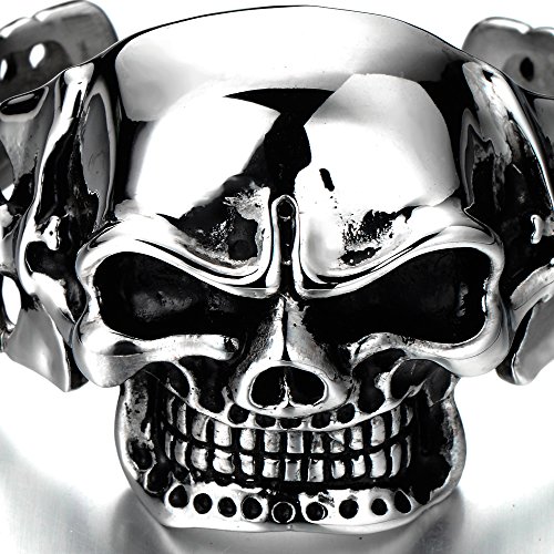 COOLSTEELANDBEYOND Heavy and Study Mens Stainless Steel Biker Skull Cuff Bangle Bracelet Silver Black Two-Tone Polished3